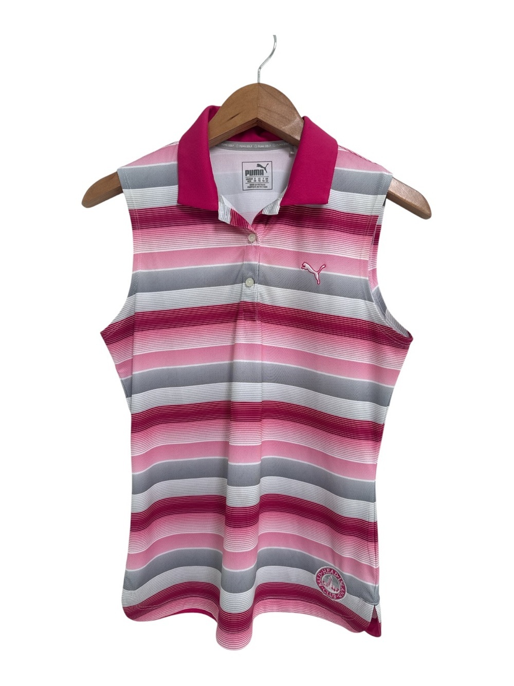 Puma Striped Sleeveless Polo in Pink, Gray & White